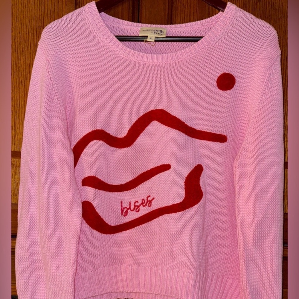 Ellsworth + Ivey Bises Boxy Crewneck Graphic Knit French Lip Kisses RETIRED Cozy